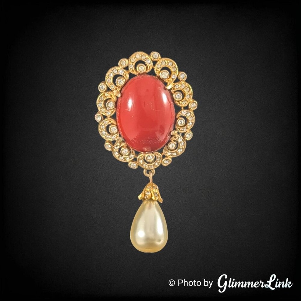 Vintage DeNicola Red Orange Glass Cabochon Brooch Rhinestone Pearl Dangle 1960s